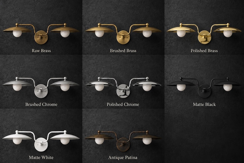 Lámpara de tocador doble moderna de latón / Aplique de pared de estilo mediados de siglo, lámpara de baño imagen 7