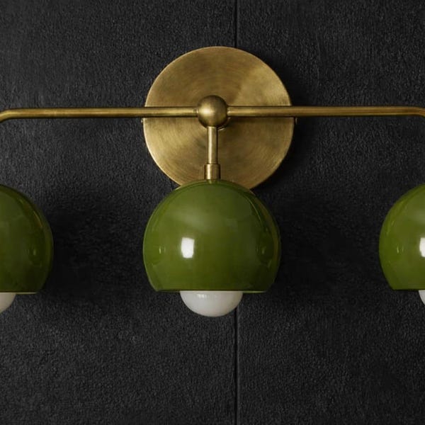 Mid-Century Modern 3-Light Vanity Light | Brass Bathroom Wall Sconce | Colored Metal Shade Vanity Fixture