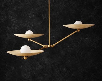 Lámpara de araña moderna de latón de 3 luces / Lámpara colgante minimalista dorada de mediados de siglo