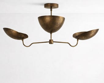 ミッドセンチュリー風3灯真鍮製シャンデリア、素朴なインダストリアルスタイルのペンダントランプ