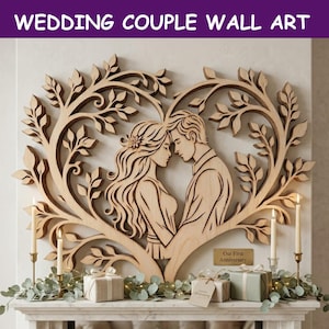 May include: Wooden wall art featuring a couple in a heart-shaped tree design. The artwork includes the text "Our First Anniversary" on a small plaque. The piece is displayed above a mantel with candles and wrapped gifts.
