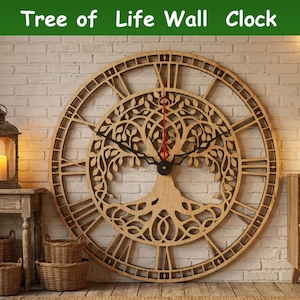 May include: A large, wooden wall clock with a tree of life design. The clock features Roman numerals and a detailed tree carving in the center. The clock hands are black, and the second hand is red. The text "Tree of Life Wall Clock" is at the top.