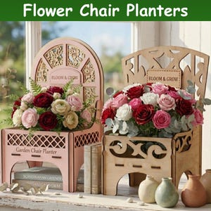 May include: Two decorative wooden chair planters, one pink and one natural wood, filled with colorful roses and greenery. The pink planter has the text "Garden Chair Planter" and "Bloom & Grow". The natural wood planter also has "Bloom & Grow".