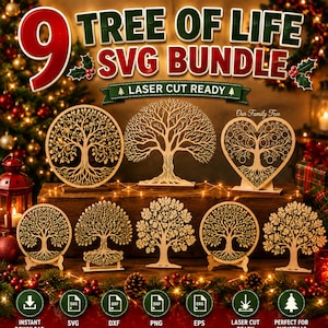 May include: A digital bundle of 9 Tree of Life SVG designs for laser cutting. The image displays various intricate wooden tree silhouettes, including circular and heart-shaped frames, with text reading 9 TREE OF LIFE SVG BUNDLE.