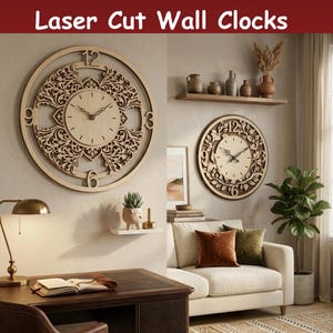 May include: Two laser-cut wooden wall clocks with intricate floral designs. The clocks have a light wood finish and feature Roman numerals. The image also shows a desk with a lamp, a sofa with pillows, and decorative shelves.