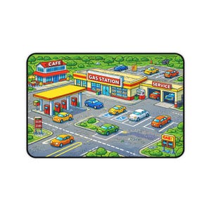 May include: A colorful cartoon illustration of a gas station scene. The image features a gas station, a cafe, and several cars. The gas station has a yellow canopy and red gas pumps. The cafe has a red roof and a yellow umbrella.