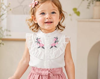 Baby Girl Summer Outfit, Floral Embroidered Ruffle Top and Shorts Set, Boho Toddler Clothes, Vintage Style Two Piece Suit, Beach Playwear