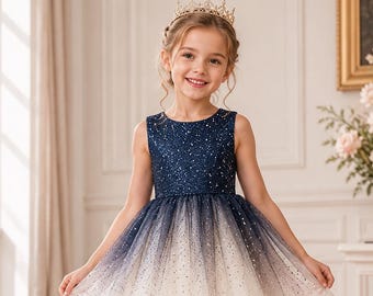 Elegant Flower Girl Dress, Dark Blue and White Gradient Tulle Party Dress, Sleeveless Sequin Wedding Gown for Kids and Teens