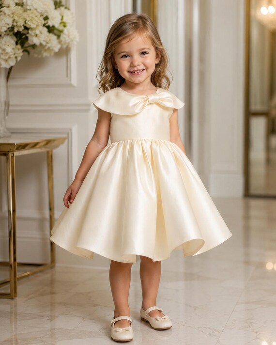 Elegant Ivory Toddler Formal Dress with Bow Collar, Flower Girl Gown Ages 1-6