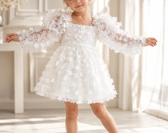 Pink 3D Butterfly Tulle Dress for Girls, Puff Sleeve Princess Party Dress, Flower Girl Birthday Dress