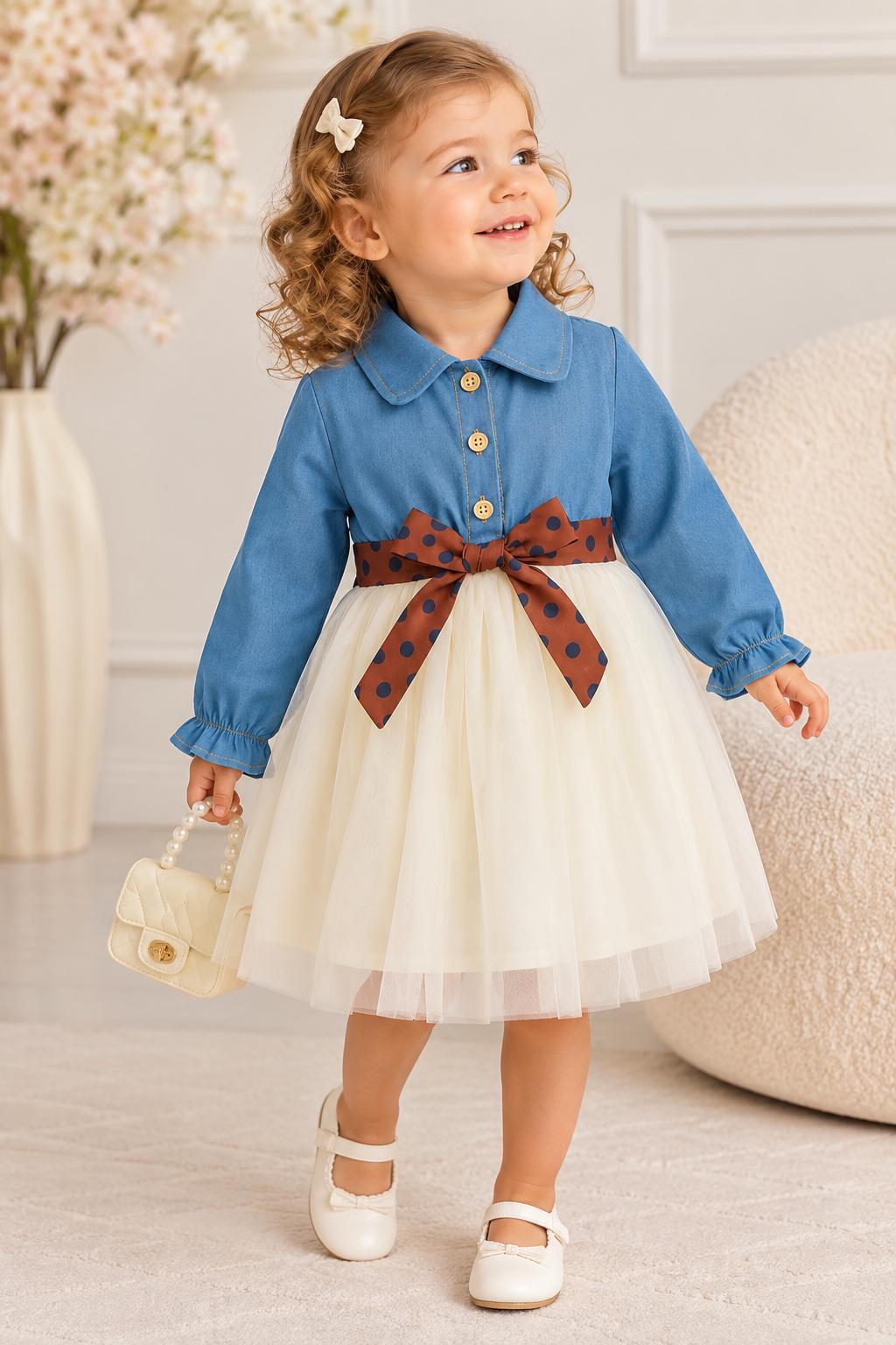 Toddler Girl Denim Tulle Princess Dress – Flutter Sleeve Summer Tutu Sundress With Bowknot Collar & Ruffle Skirt Baby Summer Tutu Sundress