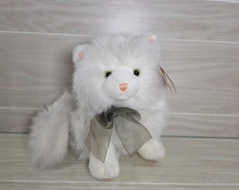 Caltoy White Persian Plush Kitty Cat Green Eyes Stuffed Animal Grey Ribbon NWT