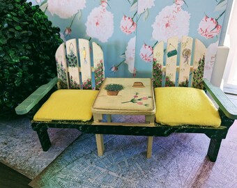 Handmade Barbie Doll Double Adirondack Chair with Table, Handpainted, Hand Made Cushions. Barbie Doll Garden Patio Furniture, Fairy Garden