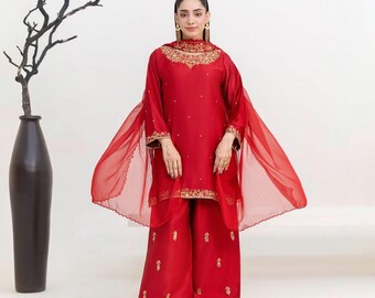 Rood Pakistaans palazzo-pak voor vrouwen, geborduurde sheesha-zijden jurk met chiffon dupatta, bruiloftsgastjurk, Eid-outfit, feestkleding