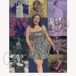 May include: A collage of nine photos featuring a woman in various outfits. The central image shows her in a silver sequined dress. Text at the top reads "YOUR DATES HERE Location, Location." The bottom text says "BRIDE'S BACHELORETTE WEEKEND IN HER BRIDE ERA."