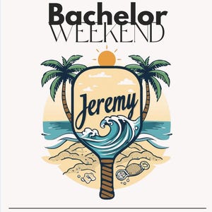 Puede incluir: Gráfico de fin de semana de despedida de soltero con tema de playa. El diseño incluye palmeras, olas y el nombre "Jeremy" dentro de una forma de pala. El texto "Celebrating Jeremy" está en la parte inferior, con la fecha "14-17 de noviembre de 2026" en la parte superior.