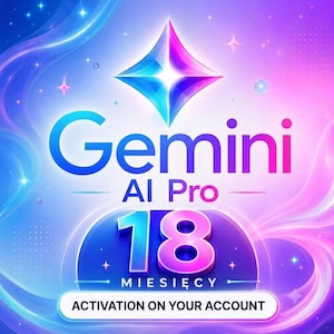 May include: A digital graphic featuring a stylized four-pointed star icon above the text Gemini AI Pro. Below this, the number 18 is displayed in large, bold font with the text MIESIĘCY and the phrase ACTIVATION ON YOUR ACCOUNT on a white button.