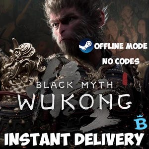 Puede incluir: Imagen promocional del videojuego "Black Myth: Wukong" con una ilustración detallada de un personaje simiesco. El texto incluye "Modo sin conexión", "Sin códigos" y "Entrega instantánea".