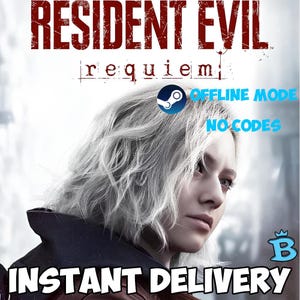 Könnte beinhalten: Werbebild für "Resident Evil Requiem" mit einer Frau mit weißen Haaren. Der Spieletitel ist rot, mit dem Steam-Logo und dem Text "Offline-Modus, keine Codes" in Blau. "Sofortige Lieferung" wird ebenfalls angezeigt.