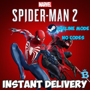 Può includere: Immagine promozionale di Marvel Spider-Man 2. L'immagine presenta Spider-Man e Miles Morales in pose dinamiche su sfondo rosso. Il testo include "Spider-Man 2", "Modalità offline", "Nessun codice" e "Consegna immediata". Il logo Marvel è in alto.