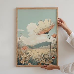 Capricieuze poster bloemenveld | Pastelbloesem kunst aan de muur kinderkamer, bloemenprint verhalenboek
