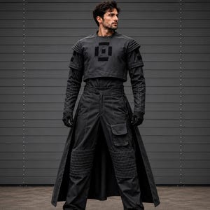 Mandalorian inspired dark gray flight suit cosplay set featuring a premium four piece costume with matching vest, tailored shirt, pants and accessories. Custom fit design crafted from durable breathable fabric for long wear comfort at conventions, cosplay events, costume parties and photoshoots. Detailed stitching, structured panels and screen inspired styling create an authentic bounty hunter appearance. Ideal for sci fi fans, collectors, roleplay enthusiasts and convention