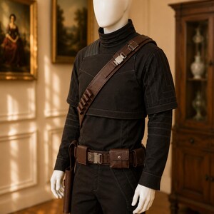 Best selling Din Djarin Mandalorian bounty hunter costume full view on mannequin. Premium black flight suit with screen accurate ribbed stitching, structured turtleneck, brown leather bandolier, tactical utility belt with pouches, pistol holster, thigh armor pouch and tall boots. Top rated Star Wars cosplay handmade to order. Custom fit worldwide shipping. Shop now.