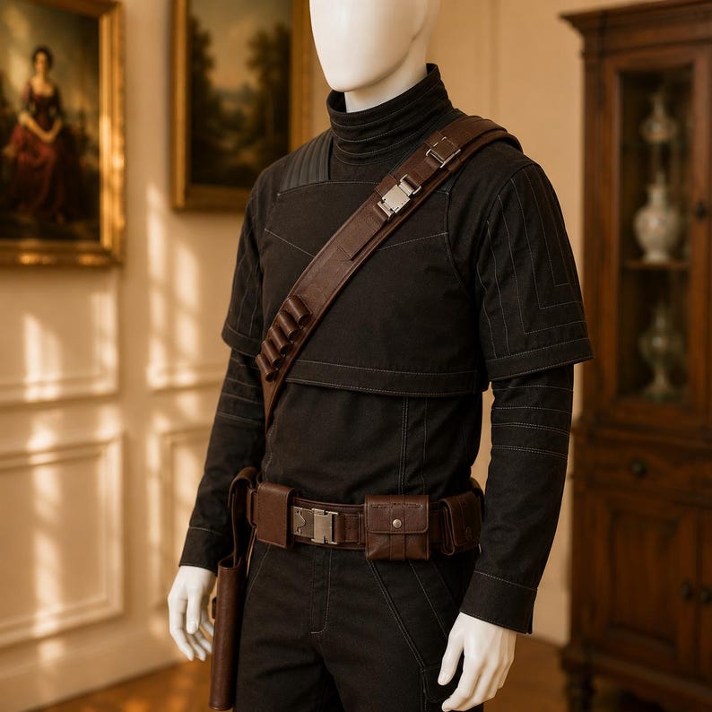 Best selling Din Djarin Mandalorian bounty hunter costume full view on mannequin. Premium black flight suit with screen accurate ribbed stitching, structured turtleneck, brown leather bandolier, tactical utility belt with pouches, pistol holster, thigh armor pouch and tall boots. Top rated Star Wars cosplay handmade to order. Custom fit worldwide shipping. Shop now.