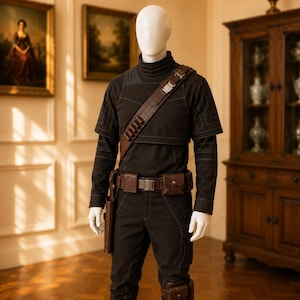 Din Djarin Mandalorian flight suit costume displayed on mannequin. Black ribbed two-piece set with brown leather tactical belt, shoulder bandolier strap, side holster, and knee pad details. Screen-accurate Star Wars cosplay outfit handmade to order. Perfect for Comic Con, Halloween, and 501st Legion events. Custom sizing available.