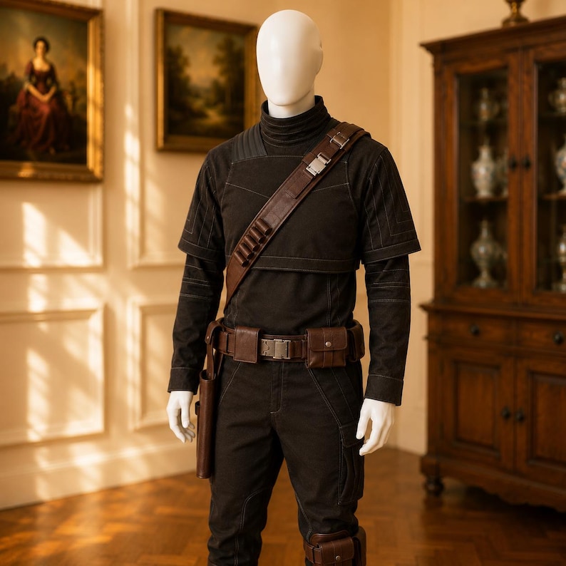 Din Djarin Mandalorian flight suit costume displayed on mannequin. Black ribbed two-piece set with brown leather tactical belt, shoulder bandolier strap, side holster, and knee pad details. Screen-accurate Star Wars cosplay outfit handmade to order. Perfect for Comic Con, Halloween, and 501st Legion events. Custom sizing available.
