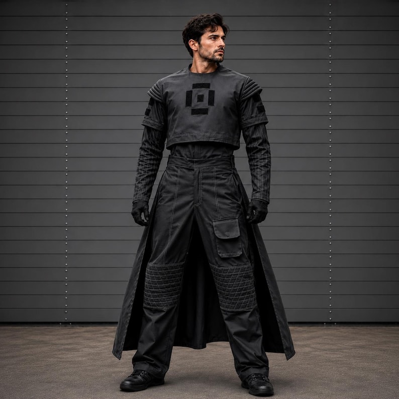 Mandalorian inspired dark gray flight suit cosplay set featuring a premium four piece costume with matching vest, tailored shirt, pants and accessories. Custom fit design crafted from durable breathable fabric for long wear comfort at conventions, cosplay events, costume parties and photoshoots. Detailed stitching, structured panels and screen inspired styling create an authentic bounty hunter appearance. Ideal for sci fi fans, collectors, roleplay enthusiasts and convention