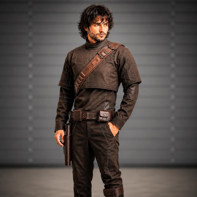 Din Djarin inspired Mandalorian cosplay costume featuring a detailed flight suit, tactical vest, matching belt, and premium stitched design. High quality Star Wars bounty hunter outfit made with durable fabric and realistic sci fi styling for Comic Con, cosplay events, Halloween, conventions, collectors, and themed parties. Handmade Mandalorian costume for men with comfortable fit, Beskar inspired armor look, authentic galactic warrior appearance, and professional cosplay craftsmanship.