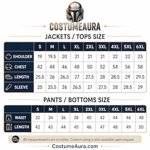 May include: A sizing chart for jackets, tops, and pants from Costumeaura. The table displays measurements in inches for sizes S through 6XL, covering shoulder, chest, length, sleeve, waist, and length dimensions. Includes a helmet icon at the top.