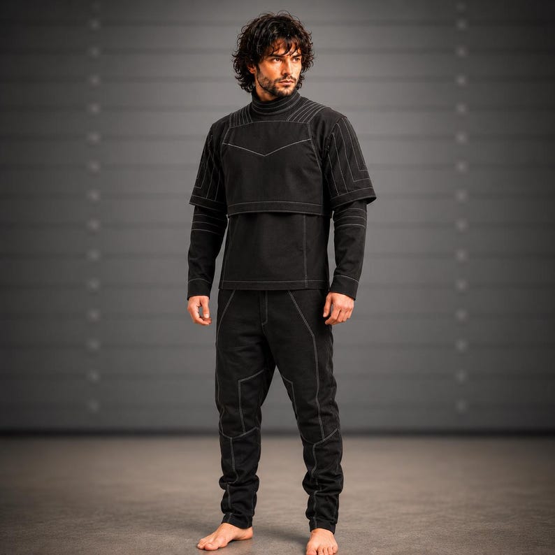 Op de afbeelding: Zwart outfit met witte stiksels. De outfit bestaat uit een top met lange mouwen en een hoge kraag en een overlay met korte mouwen, en een bijpassende broek. De stiksels cre&euml;ren een geometrisch ontwerp op de top en broek. De outfit is gemaakt van een zacht, donker materiaal.