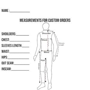Op de afbeelding: Een zwart-wit diagram voor aangepaste kledingmaten. Het diagram bevat een menselijke figuur met gemarkeerde gebieden voor schouders, borst, mouwen, taille, heupen, buitenbeenlengte en binnenbeenlengte. De tekst bovenaan luidt "MEASUREMENTS FOR CUSTOM ORDERS."