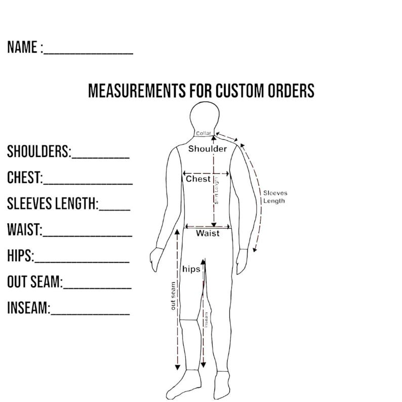 Op de afbeelding: Een zwart-wit diagram voor aangepaste kledingmaten. Het diagram bevat een menselijke figuur met gemarkeerde gebieden voor schouders, borst, mouwen, taille, heupen, buitenbeenlengte en binnenbeenlengte. De tekst bovenaan luidt "MEASUREMENTS FOR CUSTOM ORDERS."