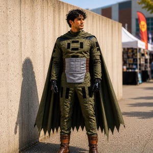 Mandalorian costume for men in hunter green flight suit style with custom cape. Bounty hunter cosplay outfit inspired by sci fi space adventures, perfect for Star Wars cosplay, Din Djarin cosplay, Comic Con costume events, Halloween costume parties, conventions, and cosplay photography. Detailed adult cosplay costume with realistic flight suit design and premium craftsmanship.