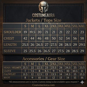 Op de afbeelding: Maattabel voor jassen, tops en accessoires van CostumeAura. De tabel bevat maten in inches voor schouder, borst, lengte en mouw voor jassen en tops. Accessoires zijn hoofd/helm, handschoen, handschoen en laarsmaten.