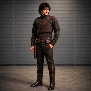 Mandalorian inspired cosplay outfit with black tactical flight suit, detailed panel stitching, and custom sci fi design. Premium quality Star Wars inspired costume crafted for cosplay conventions, Comic Con events, Halloween, collectors, and professional photoshoots. Durable handmade outfit with comfortable fit, realistic bounty hunter appearance, and cinematic galactic warrior style perfect for fans seeking high quality cosplay clothing and authentic convention ready fashion.