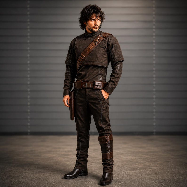 Mandalorian inspired cosplay outfit with black tactical flight suit, detailed panel stitching, and custom sci fi design. Premium quality Star Wars inspired costume crafted for cosplay conventions, Comic Con events, Halloween, collectors, and professional photoshoots. Durable handmade outfit with comfortable fit, realistic bounty hunter appearance, and cinematic galactic warrior style perfect for fans seeking high quality cosplay clothing and authentic convention ready fashion.