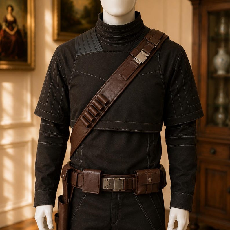 Puede incluir: Una camisa t&aacute;ctica negra de cuello alto con mangas cortas sobre mangas largas, con detalles de costuras blancas. Una bandolera de cuero marr&oacute;n con hebillas met&aacute;licas y soportes cil&iacute;ndricos cruza el pecho, junto a un cintur&oacute;n utilitario a juego.
