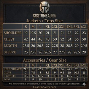 May include: A size chart for jackets, tops, and accessories from CostumeAura. The chart includes measurements in inches for shoulder, chest, length, and sleeve, as well as head/helmet, glove, gauntlet, and boot sizes, ranging from S to 6XL.