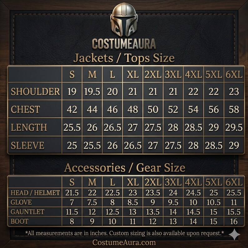 May include: A size chart for jackets, tops, and accessories from CostumeAura. The chart includes measurements in inches for shoulder, chest, length, and sleeve, as well as head/helmet, glove, gauntlet, and boot sizes, ranging from S to 6XL.