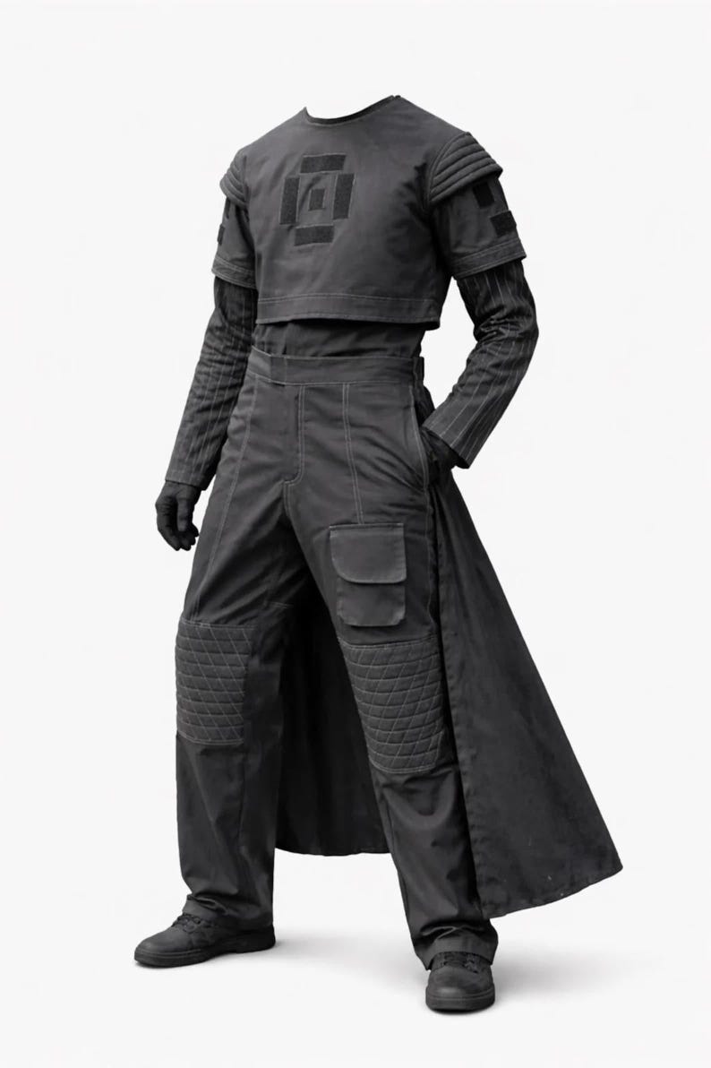 May include: A dark gray futuristic outfit. The ensemble includes a cropped top with a square design, long-sleeved shirt, high-waisted pants with pockets, and a long coat. The pants have quilted knee pads. The outfit is completed with gloves and shoes.