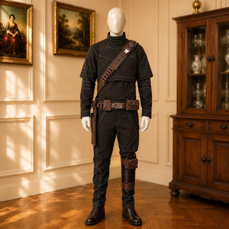 Mandalorian Din Djarin costume black flight suit with brown leather belt holster and bandolier strap. Star Wars cosplay two piece set shirt and pants with ribbed stitching detail. Handcrafted bounty hunter outfit for Comic Con Halloween and fan events. Genuine quality custom cosplay made to order.