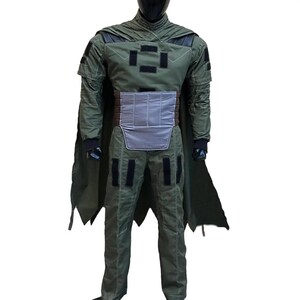 Mandalorian inspired hunter green flight suit costume for men with custom cape and detailed bounty hunter design. Perfect for Star Wars cosplay, Din Djarin inspired cosplay, Comic Con events, Halloween costumes, cosplay conventions, fan gatherings, and themed photoshoots. Features a realistic sci fi flight suit, custom sizing options, premium craftsmanship, and screen inspired styling for collectors, cosplayers, and costume enthusiasts seeking an immersive galactic adventure look.
