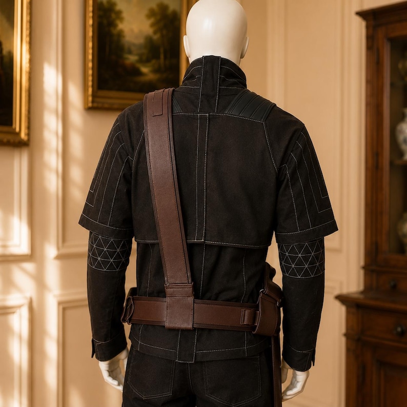Puede incluir: Una chaqueta negra con cuello alto y costuras blancas en contraste, que presenta una correa de hombro de aspecto cuero marr&oacute;n y un cintur&oacute;n utilitario a juego con un bolsillo lateral. Las mangas muestran un patr&oacute;n geom&eacute;trico triangular en hilo blanco.