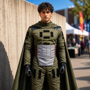Hunter green Mandalorian inspired flight suit cosplay costume with custom cape. Full body sci fi bounty hunter outfit for cosplay events, Comic Con, Halloween, fan conventions, costume parties, and collectors. Features detailed flight suit design, tactical styling, and realistic costume elements for an immersive cosplay look.