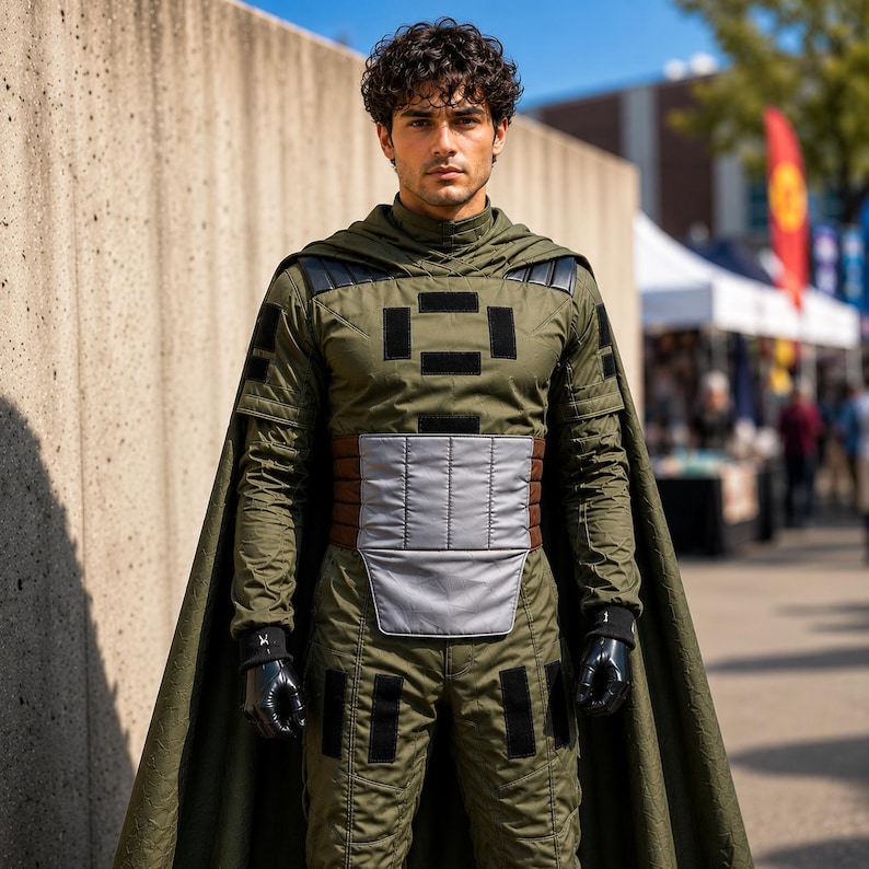 Hunter green Mandalorian inspired flight suit cosplay costume with custom cape. Full body sci fi bounty hunter outfit for cosplay events, Comic Con, Halloween, fan conventions, costume parties, and collectors. Features detailed flight suit design, tactical styling, and realistic costume elements for an immersive cosplay look.