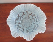 L.G. Wright or Fenton Blue Opalescent Daisy and Fern Crimped Bowl Wedding Bowl